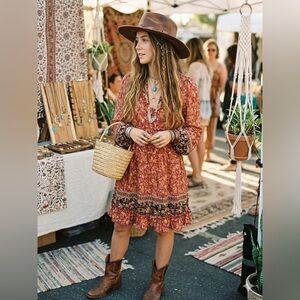 Wild moss size L Floral V-Neck Long Sleeve Mini Dress in Rust Pink